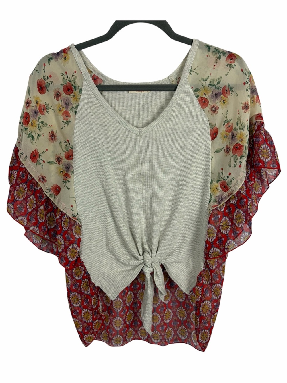 Hummingbird Boho Mixed Print Tie Front Flutter Sleeve Top Floral Size S